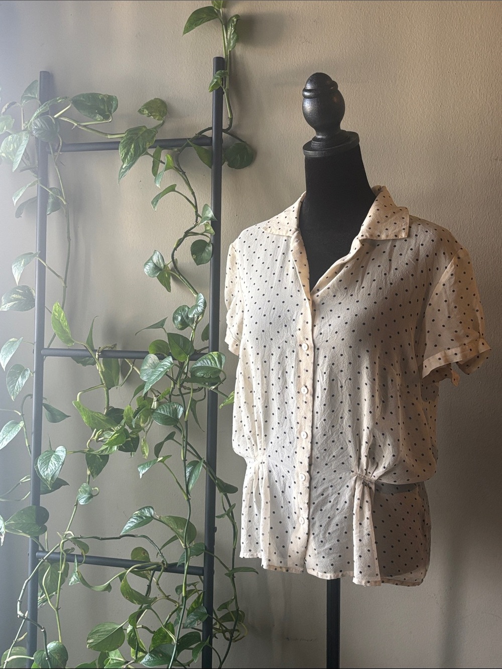 The Limited Cream Short-Sleeve Button Front Blouse with Black Polka Dots